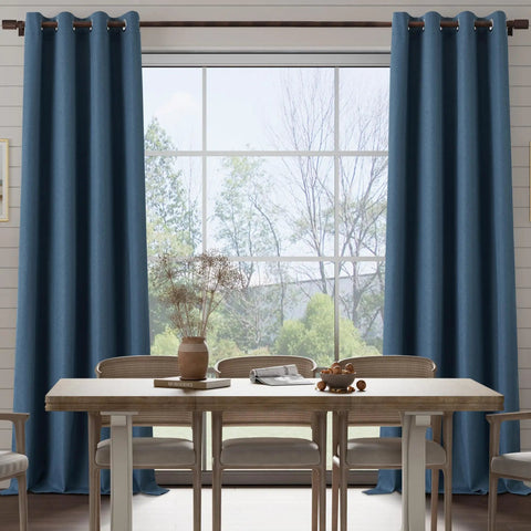 Dark Blue Blackout Linen Textured Curtains Set for Living Room and Bedroom, Lightweight Grommet Top Panels, 100 Percent Blockout Sunlight and UV Rays installed in a dining room, two panels 37 inches wide by 84 inches long