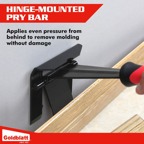 Hinge-mounted pry bar applying pressure to remove molding without damage, shown in a side view with ergonomic handle.