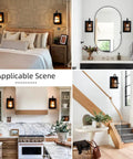 Set Of Two Farmhouse Wall Sconces With Modern Industrial Vibe, Matte Black Finish And Faux Wood Backing in different rooms