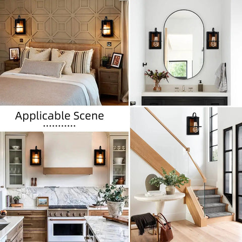 Set Of Two Farmhouse Wall Sconces With Modern Industrial Vibe, Matte Black Finish And Faux Wood Backing in different rooms