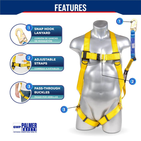 Heavy Duty Full Body Safety Harness Kit With Detachable 6 Ft Lanyard Single Leg Lanyard Internal Shock Absorber Snap Hook OSHA ANSI Fall Arrest Kit For On The Job Safety displayed on mannequin with feature labels.