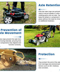 Heavy Duty Push On Pushnut Caps Set For Half Inch Axles shown on lawn mowers and carts, illustrating axle retention and protection