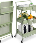 Go To Space Saving Foldable 3 Tier Rolling Cart With Wheels, Heavy Duty Metal Utility Trolley Organizer For Home Library Or Office in Green
