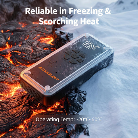 W160 Jump Starter With Air Compressor 5000A Portable Car Jump Pack in extreme temperatures on lava and ice surface