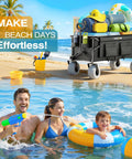 Beach Wagon With Balloon Wheels For Sand, 240L Collapsible Wagon loaded with beach gear, on a sunny shoreline with family in a pool.