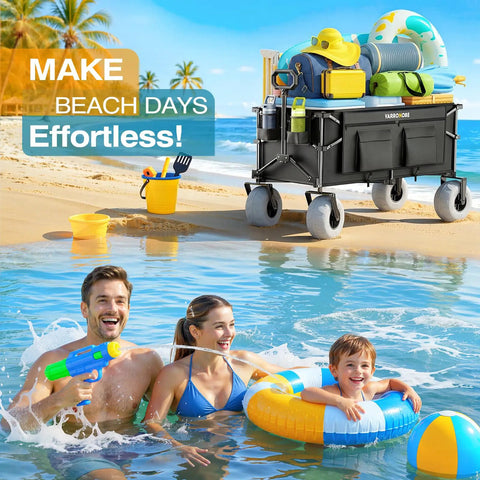 Beach Wagon With Balloon Wheels For Sand, 240L Collapsible Wagon loaded with beach gear, on a sunny shoreline with family in a pool.