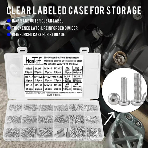 Boss 304 Stainless Steel Torx Button Head Screws Set With 900 Pieces M2 M2.5 M3 Bolts Nuts Washers Star Drive Round Head Machine Screws Fully Threaded Includes T6 T8 T10 Wrench in labeled storage case
