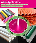 Image showing wide application of 4 Piece Pipe Reamer Kit For PVC CPVC And ABS Piping With Reamers In One And A Half Inch, Two Inch, Three Inch And Four Inch, Plastic Construction, DIY Friendly, Fits Standard Half Inch Drills For Easy Deburring And Cleaning on various colored pipes.