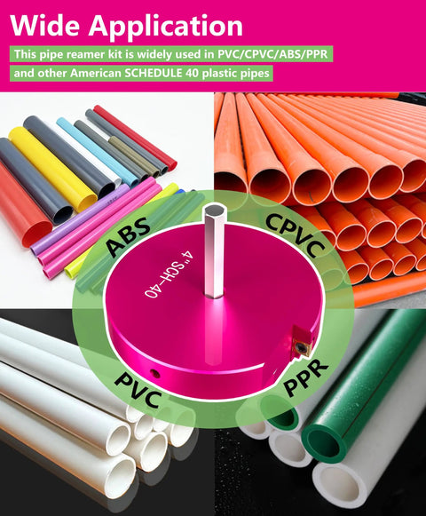 Image showing wide application of 4 Piece Pipe Reamer Kit For PVC CPVC And ABS Piping With Reamers In One And A Half Inch, Two Inch, Three Inch And Four Inch, Plastic Construction, DIY Friendly, Fits Standard Half Inch Drills For Easy Deburring And Cleaning on various colored pipes.