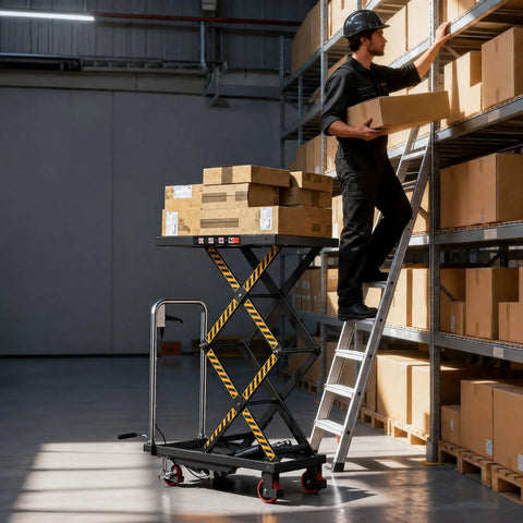 Top Shelf Hydraulic Lift Table Cart Rated For 330 Pound Loads Double Scissor Workbench in use elevating boxes on a ladder.