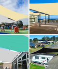 Beige 24x24 Sun Shade Sail With Beefy Heavy Duty Stainless Wire Rope Kit Includes 8 Inch Hardware installed outdoors.