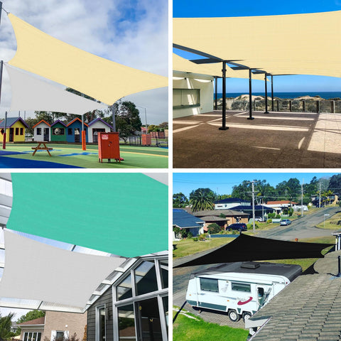 Beige 24x24 Sun Shade Sail With Beefy Heavy Duty Stainless Wire Rope Kit Includes 8 Inch Hardware installed outdoors.