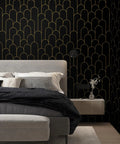 Bedroom with Black And Gold Peel And Stick Wallpaper With Modern Geometric Design, removable, waterproof vinyl on walls.