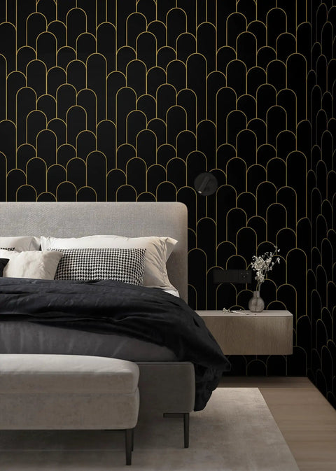 Bedroom with Black And Gold Peel And Stick Wallpaper With Modern Geometric Design, removable, waterproof vinyl on walls.
