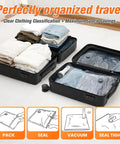 Open suitcase with Ultimate 15 Pack Vacuum Storage Bags With Cordless Pump, organized clothes inside.