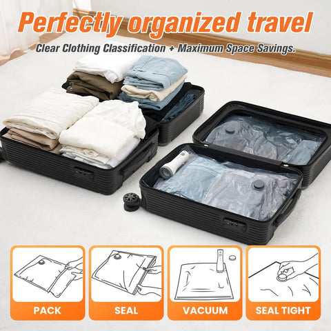 Open suitcase with Ultimate 15 Pack Vacuum Storage Bags With Cordless Pump, organized clothes inside.