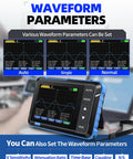 Close-up of 2 In 1 Handheld Oscilloscope And DDS Signal Generator showing waveform parameters on a 2.8 inch TFT display.