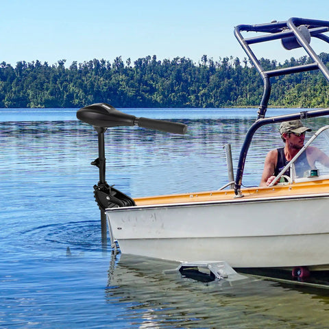 Heavy Duty Kickass 12V 40 Lb Electric Trolling Motor With Retractable Handle For Kayaks And Inflatable Fishing Boats on a fishing boat.