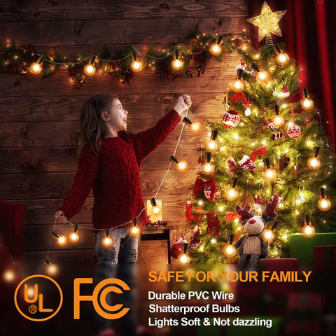 Child with Led Outdoor String Lights 50 Foot Waterproof Patio Lighting With 25 Plus 1 Shatterproof G40 Edison Bulbs
