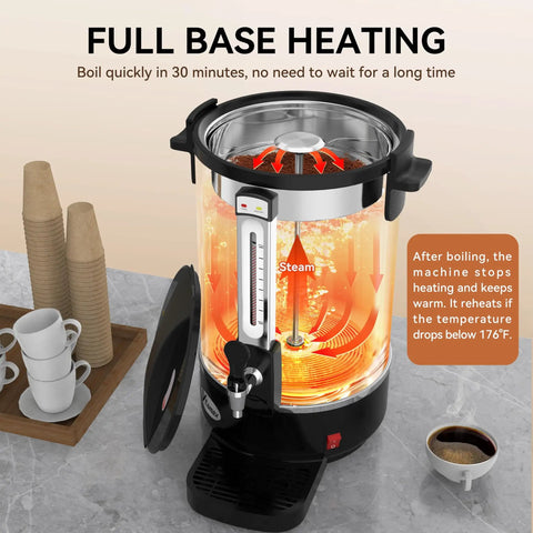Commercial Coffee Urn 70 Cup Electric Coffee Dispenser Stainless Steel Hot Beverage Dispenser 10.7L Capacity with steam visible