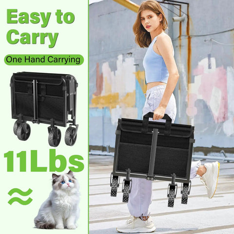 Woman carrying Foldable Wagon Cart With Wheels For Outdoor Adventures, Collapsible and portable, 125L capacity, folded view