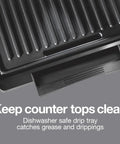 Proctor Silex Panini Press Sandwich Maker With Nonstick Plates For Grilling Burgers Chicken And Veggies Easy Clean Electric Indoor Grill Machine showing dishwasher safe drip tray.