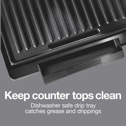 Proctor Silex Panini Press Sandwich Maker With Nonstick Plates For Grilling Burgers Chicken And Veggies Easy Clean Electric Indoor Grill Machine showing dishwasher safe drip tray.