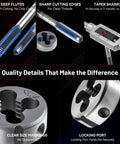 80-piece tap and die set collage; blue-coated taps and threading dies with NC markings and locking port