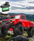 Red RC truck with High Torque Coreless Servo With Metal Gear And Stainless Steel Gears 35Kg Torque inset in rocky landscape.