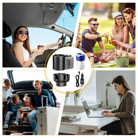 Smart Car Cup Cooler And Heater With One Touch Temp Control shown in various settings, featuring alloy frame and plug-in design.