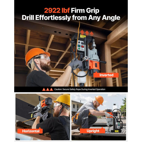 Heavy Duty 1550W Magnetic Drill Press Packs Serious Muscle With 2922 Pound Base Grip For Precision Steel Coring, used in various angles.