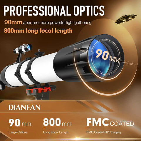 High Powered 90mm 800mm Refractor Telescope For Adults With Fully Coated Optics, Large Aperture For Bright, Clear Moon And Planet Views, Easy Setup For Stargazing, Rich Color, Strong Contrast shown with 90mm lens and 800mm focal length