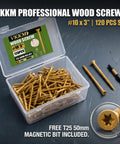 Tan Torx Self-Tapping Wood Screws Kit, 120 Pieces, Size 10 x 3 Inches, T25 Drive, includes storage case and 50mm bit