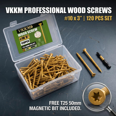 Tan Torx Self-Tapping Wood Screws Kit, 120 Pieces, Size 10 x 3 Inches, T25 Drive, includes storage case and 50mm bit