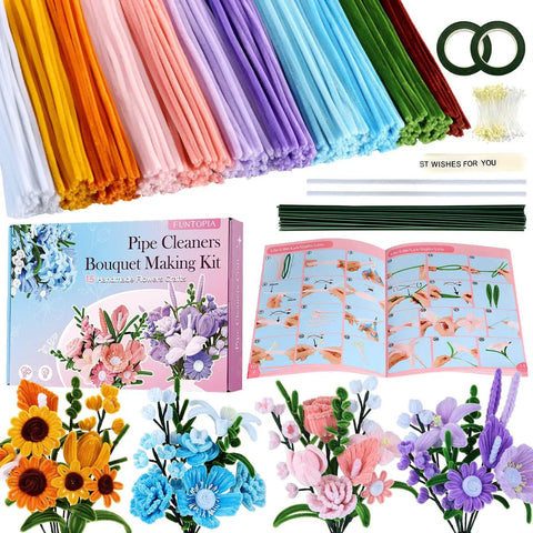 Massive 540 Piece Pipe Cleaners Craft Kit With 15 Designs Guiding Book For DIY Flower Bouquets And Party Decor Totally Dope Multicolor 12In Long 7Mm Wide Includes Chenille Stems Floral Wires And Stamen with crafting supplies and instruction booklet.
