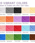 Color chart for Deluxe Beginner Crochet Kit Bundle With 116 Piece Set Of 20 Colorful Yarns Ergonomic Hooks Purple Carry Bag And Accessory Case Plus Online Tutorial For Adults And Teens A Must Have DIY Starter For Cozy Projects.