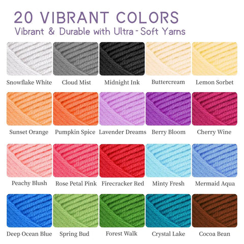 Color chart for Deluxe Beginner Crochet Kit Bundle With 116 Piece Set Of 20 Colorful Yarns Ergonomic Hooks Purple Carry Bag And Accessory Case Plus Online Tutorial For Adults And Teens A Must Have DIY Starter For Cozy Projects.
