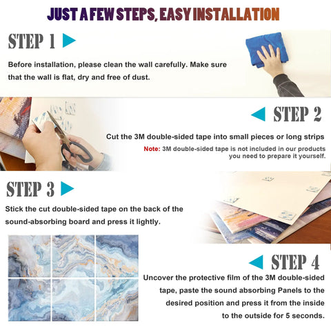 Installation steps for Game Changing Decorative Acoustic Wall Panels For Living Room Noise Block Sound Absorbing Foam Boards.