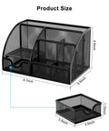 Durable Mesh Desk Organizer With Drawer Six Compartment Pen Holder And Stationery Organizer shown with product dimensions in black