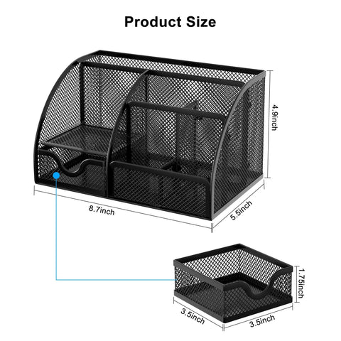 Durable Mesh Desk Organizer With Drawer Six Compartment Pen Holder And Stationery Organizer shown with product dimensions in black