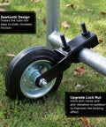 Close-up of a 6 Inch Heavy Duty Metal Gate Caster For 1 5 Eighths To 2 Inch Frame attached to a pipe, black finish