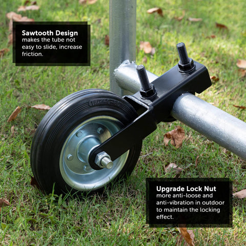 Close-up of a 6 Inch Heavy Duty Metal Gate Caster For 1 5 Eighths To 2 Inch Frame attached to a pipe, black finish