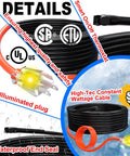 HEATIT pipe heating cable, front view, 6 ft, 7 W/ft, 120V, black with orange plug