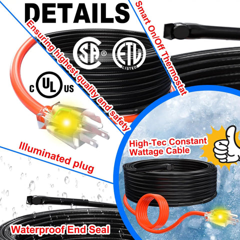 Water Pipe Heat Tape For Metal And Plastic Pipes, No Fuss Install, Prevent Freezing With Self Regulating Heat Trace Cable, CSA And ETL Certified, All Weather Protection, 3 Ft Length, 7 Watts Per Foot, 120 Volt showing illuminated plug and waterproof end seal.