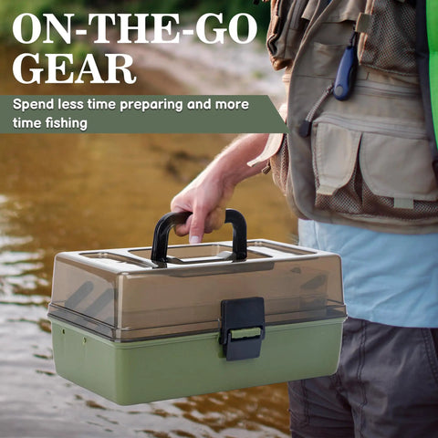 Person holding Three Layer Tackle Box With 475 Piece Lure Kit Included Crankbaits Weights Hooks And Accessories by a lake
