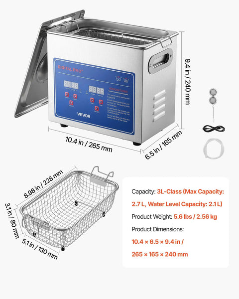 Heavy Duty Ultrasonic Cleaner With A Spacious Three Liter Tank And Zippy 40kHz Output with lid open and mesh basket.