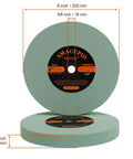 Hella Durable 8 Inch Polyurethane Buffing Wheels 2000 Grit Silicon Carbide Abrasive showing diameter and bore size for polishing metals.