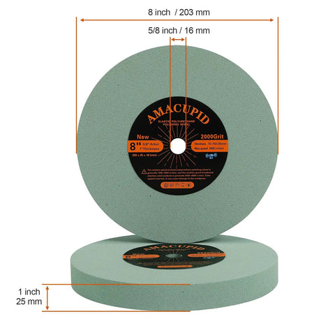 Hella Durable 8 Inch Polyurethane Buffing Wheels 2000 Grit Silicon Carbide Abrasive showing diameter and bore size for polishing metals.