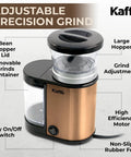 Premium Electric Flat Burr Coffee Grinder Featuring Adjustable Burrs And An Upgraded Quiet Motor For Legit Home Brewers 55 Ounce Copper Hopper on kitchen counter.