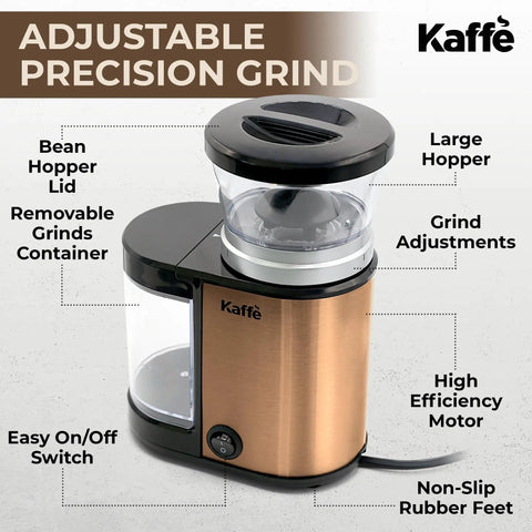 Premium Electric Flat Burr Coffee Grinder Featuring Adjustable Burrs And An Upgraded Quiet Motor For Legit Home Brewers 55 Ounce Copper Hopper on kitchen counter.